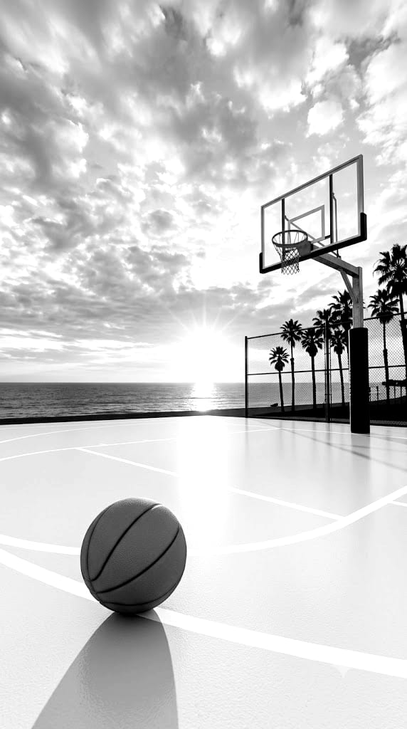 A basketball resting on an empty outdoor court beside the ocean, a hoop and palm trees behind it