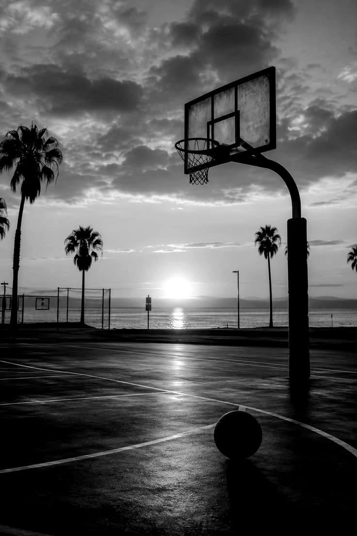 A ball sitting on the line of a wet outdoor court, the hoop above it and the sun low over the water