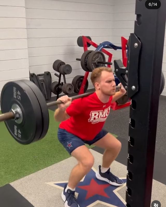 Coach Blake Kingsley training in the Robert Morris basketball weight room